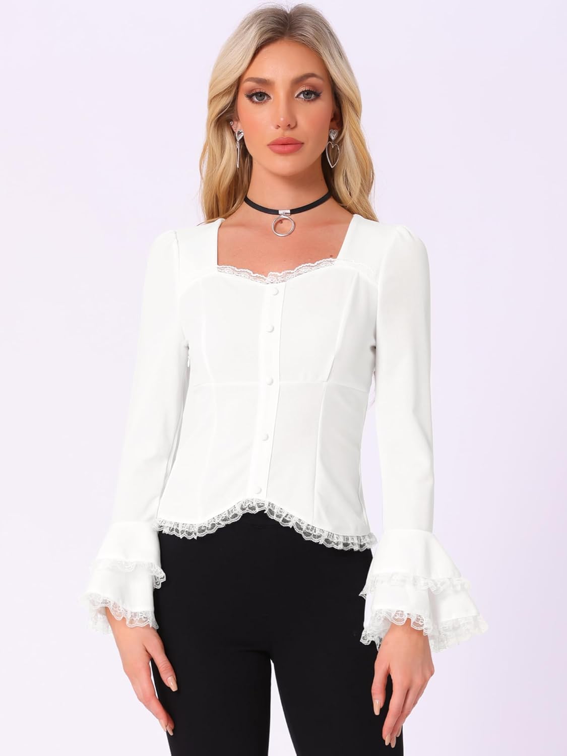 Allegra K Flare Bell Sleeve Tops for Women's Lace Square
